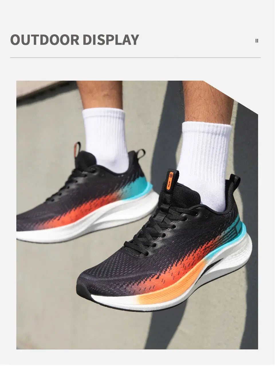 Baasploa men jogging shoes by Simples Market; black-to-orange gradient mesh with teal heel, carbon plate