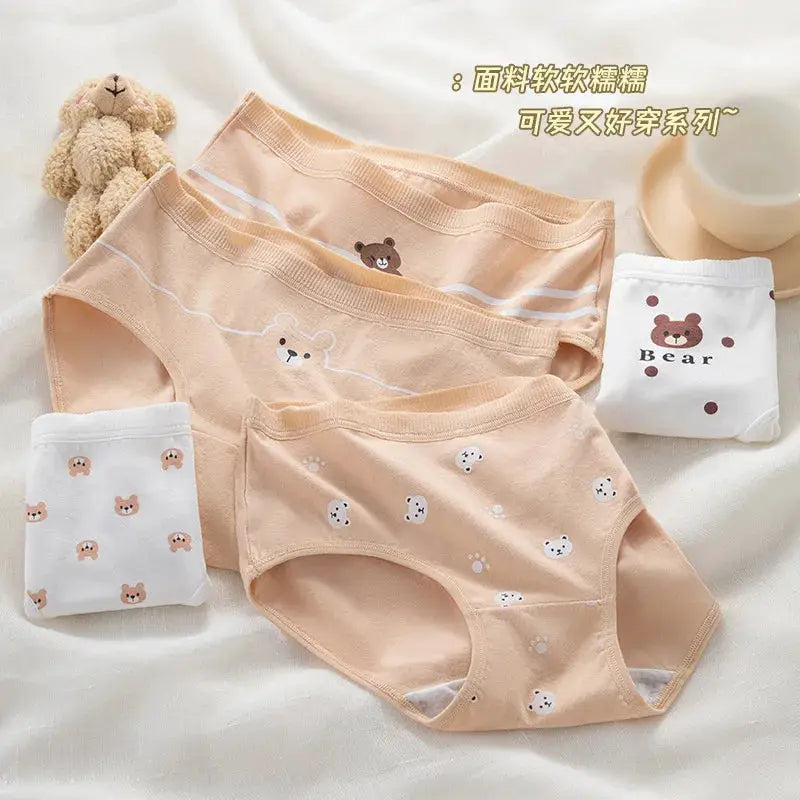 5-piece cotton panty set in peach and white with bear and paw print designs