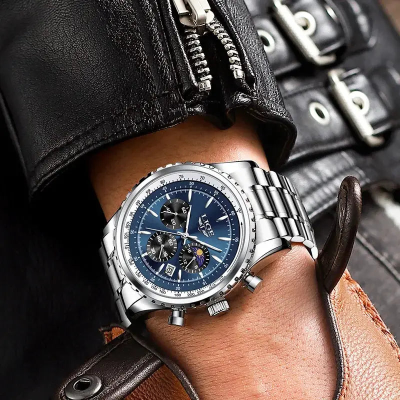 LIGE men's stainless steel chronograph watch with blue dial, date window and subdials.