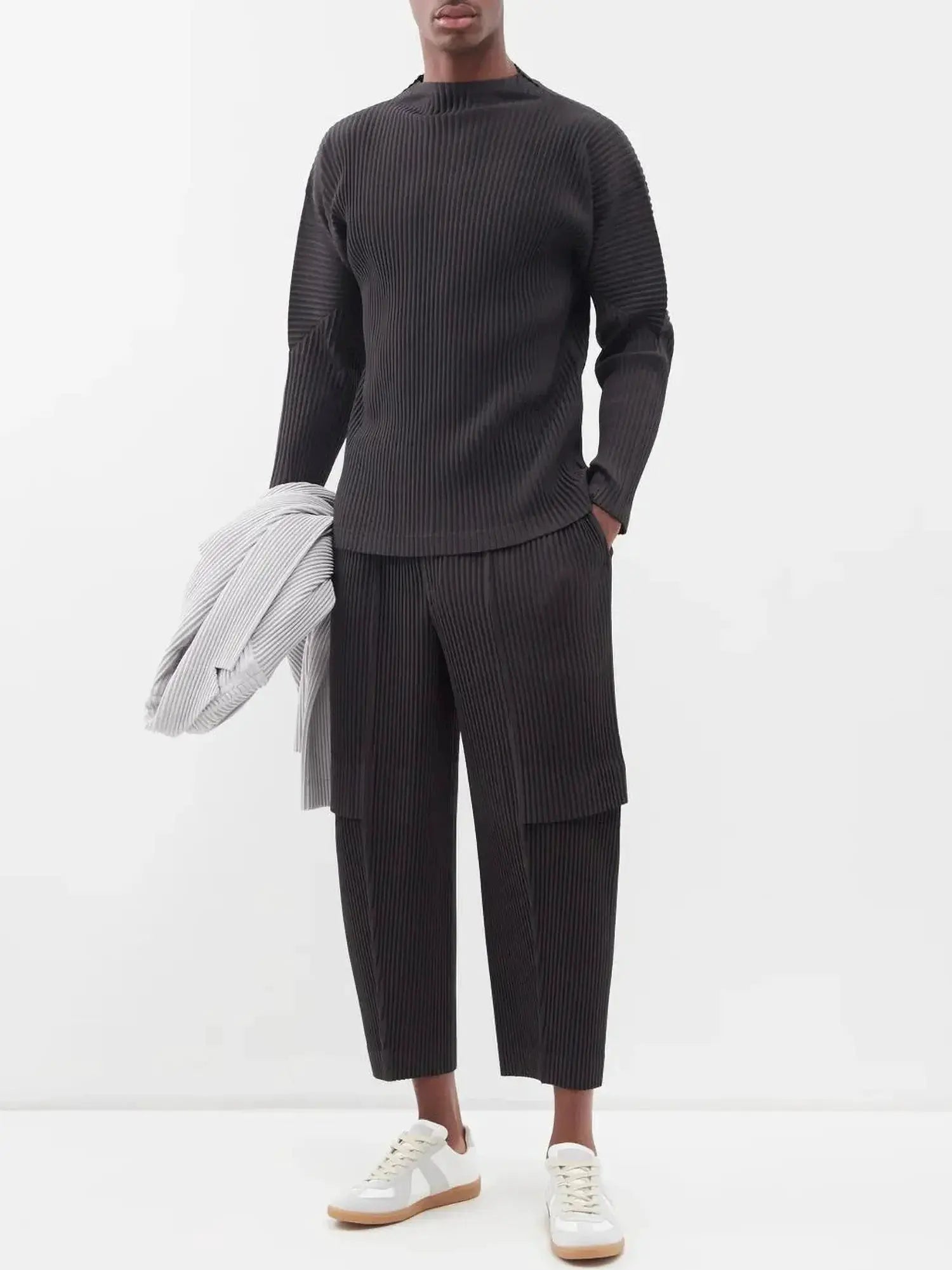 Miyake pleated men cargo pants, black, straight loose-fit trousers