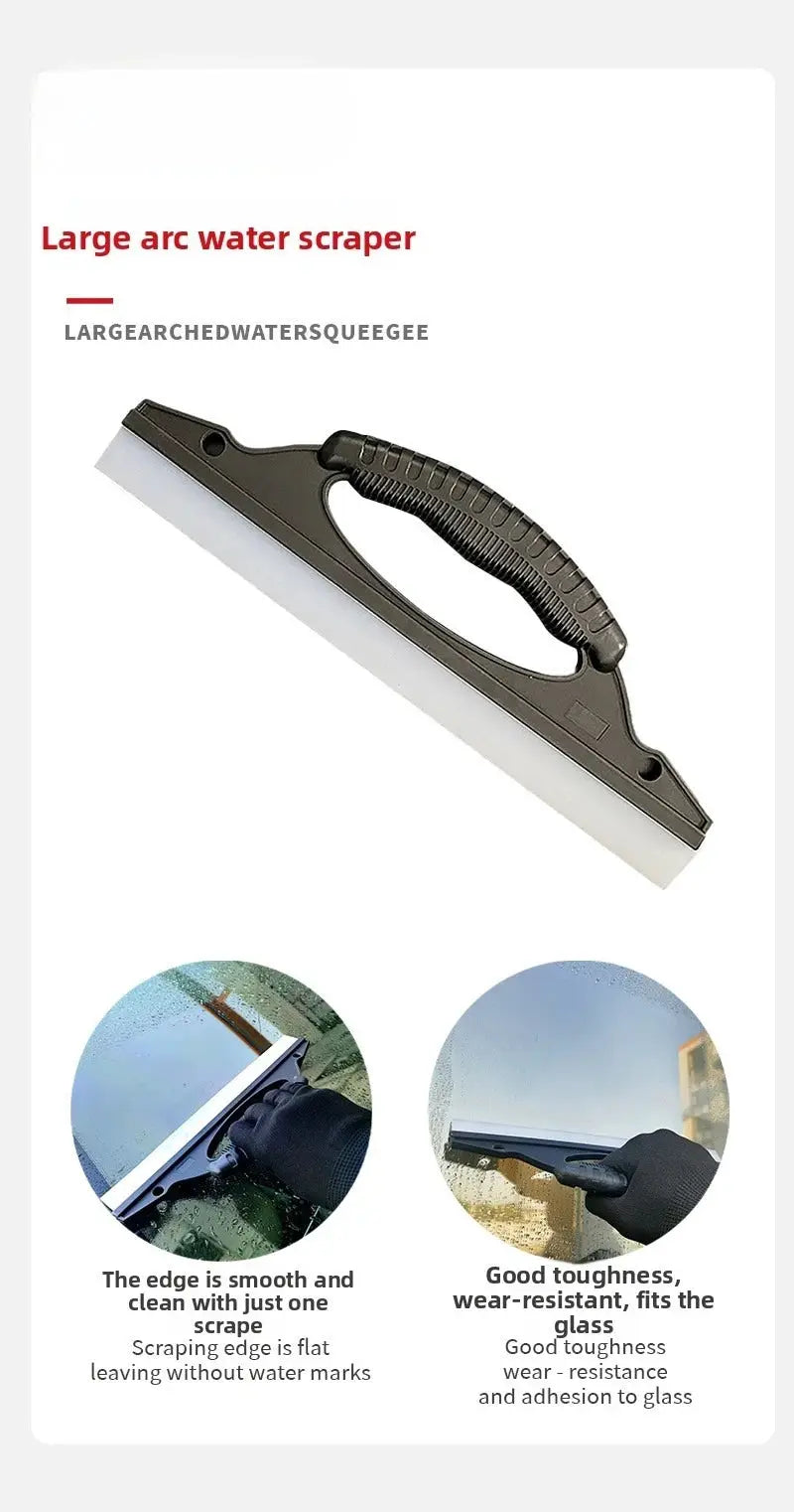 Large arc water scraper for car windows with a black ergonomic handle and white blade