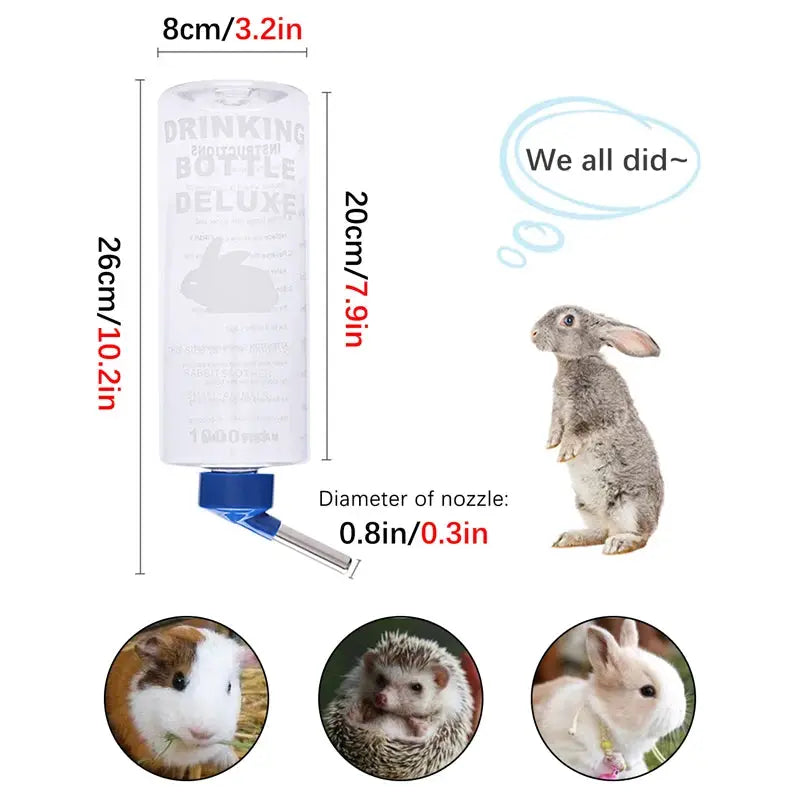 Simples Market 1000ml auto hangable water bottle for small animals; white bottle with blue nozzle.