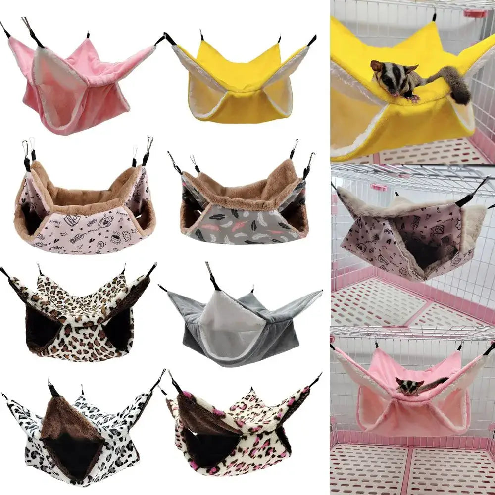 Simples Market 12-pack warm plush hamster hammocks; double-layer sleeping nests in pink, yellow, leopard, gray.