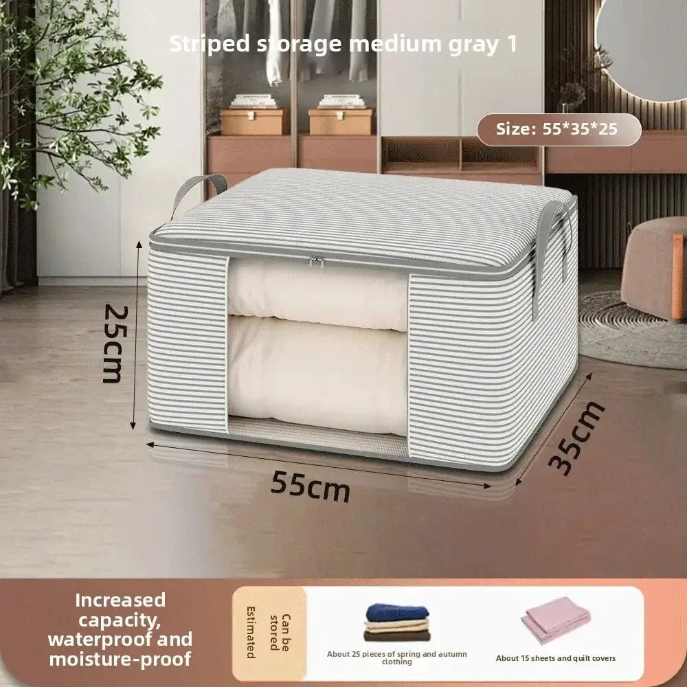 Household large foldable storage bag with gray striped fabric by Simples Market, 55x35x25 cm, for clothing and quilts.