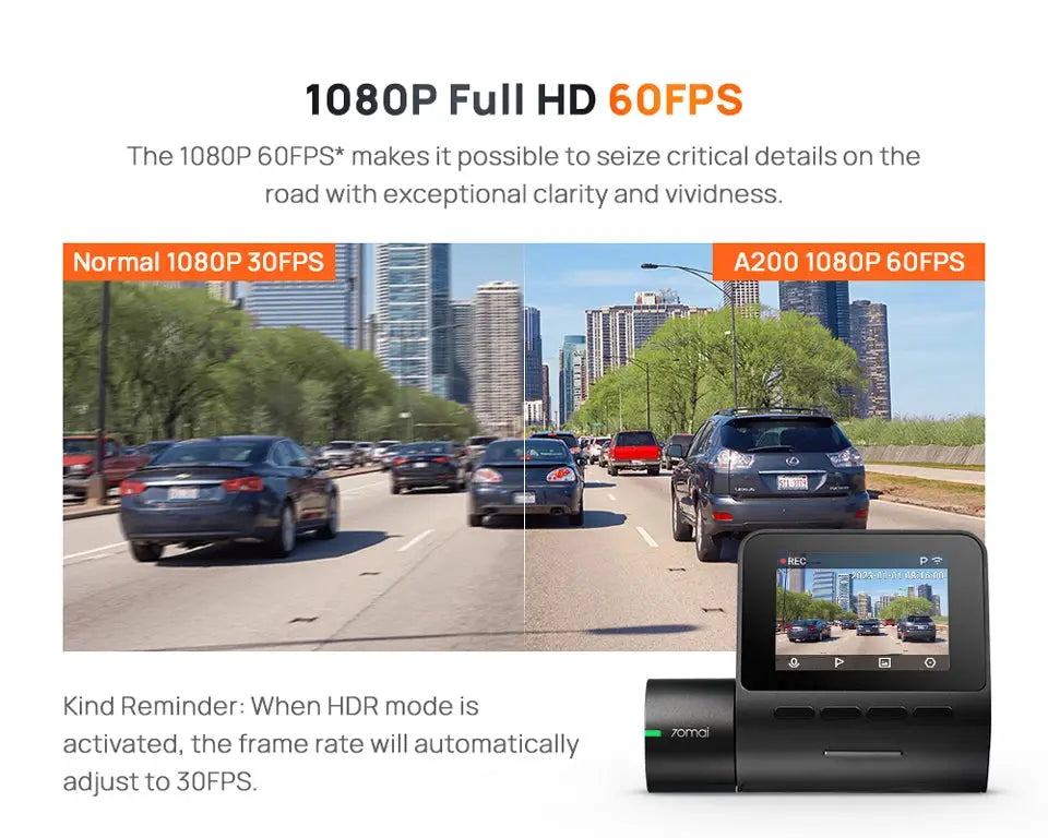 70mai A200 dual-channel dash cam with 2-inch IPS display and 1080P HDR recording