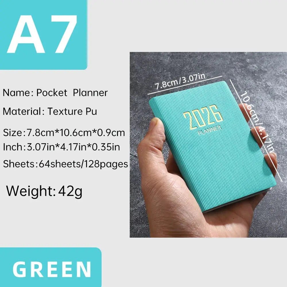 A7 pocket planner in turquoise PU cover by Simples Market, 2026 edition, 64 sheets (128 pages), 7.8x10.6 cm