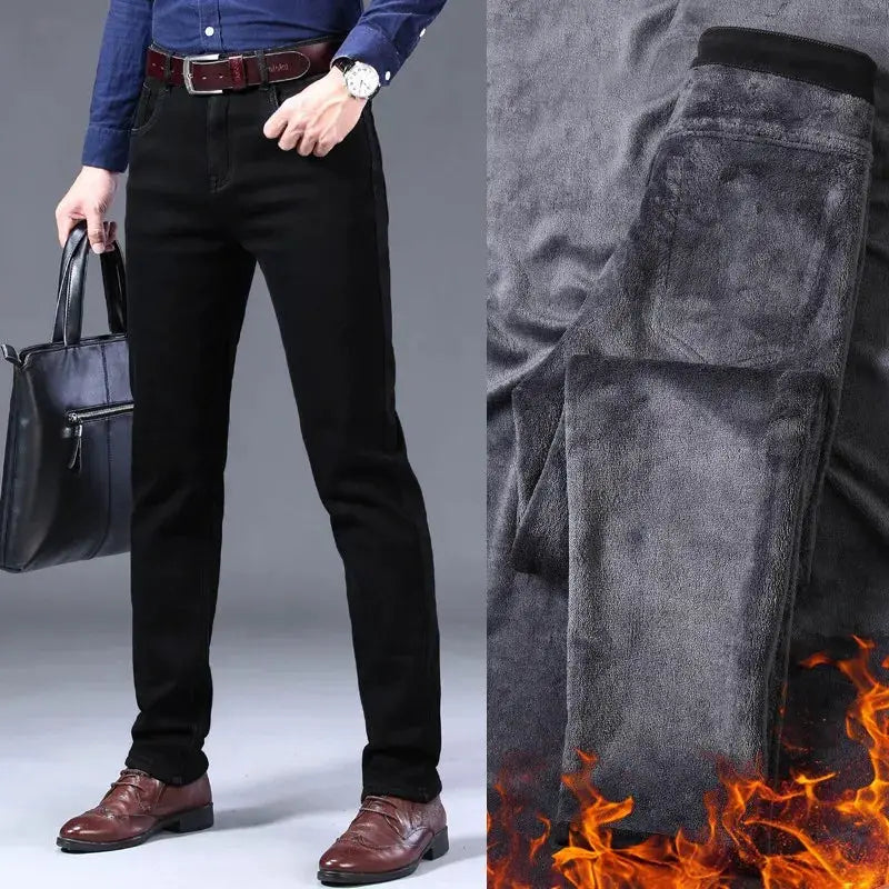 Men's black fleece-lined business casual trousers with pockets; full-body view and fabric detail close-up