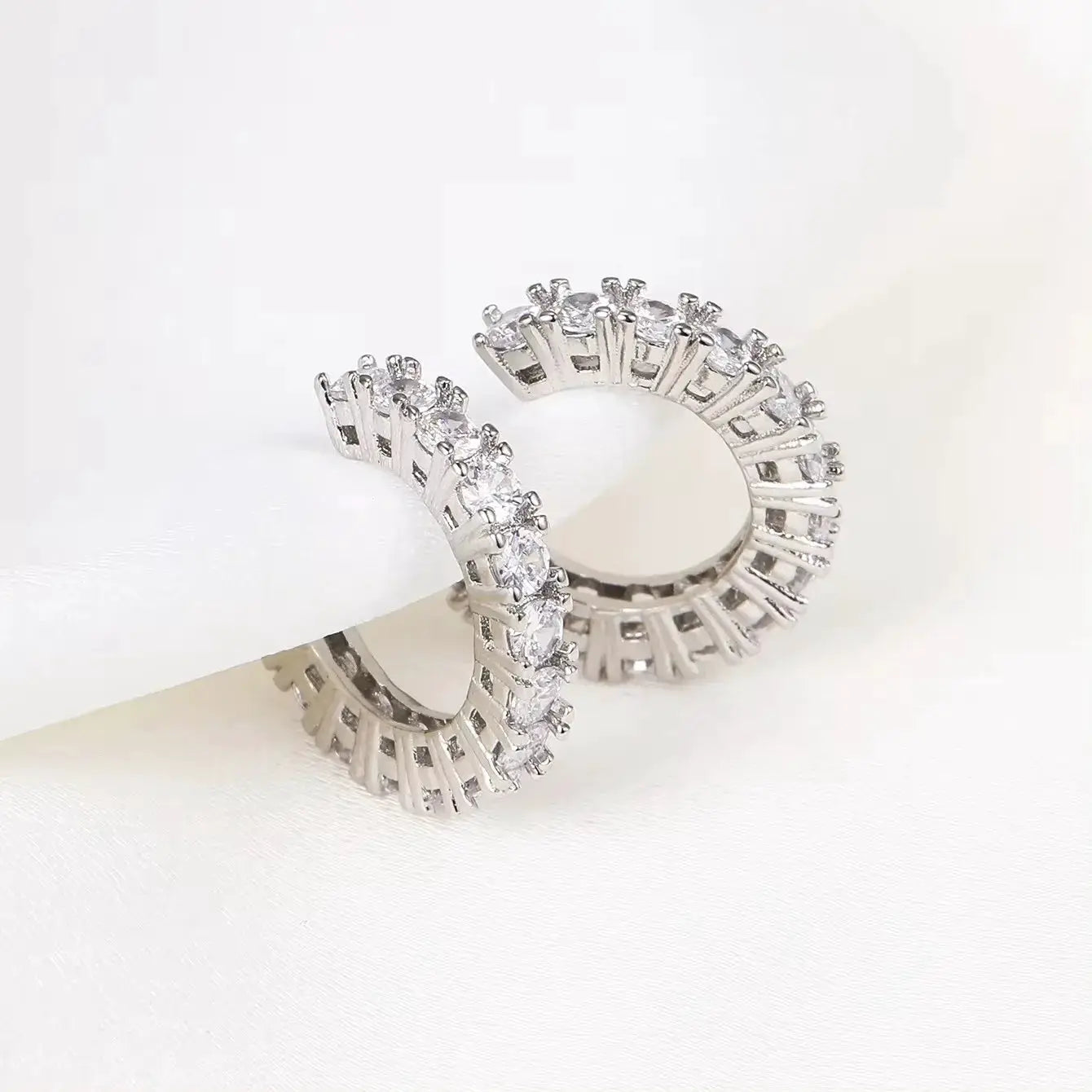 2pc silver-tone rhinestone zircon ear cuffs, no-pierced C-shape clip-on, Simples Market