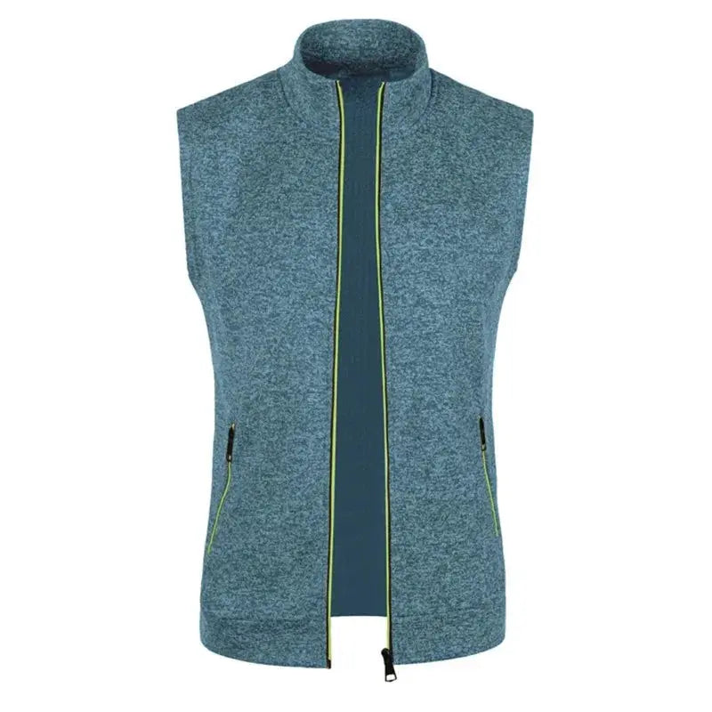 Men's blue heather sleeveless zip-up vest with stand collar and lime-green piping, breathable athletic outerwear.