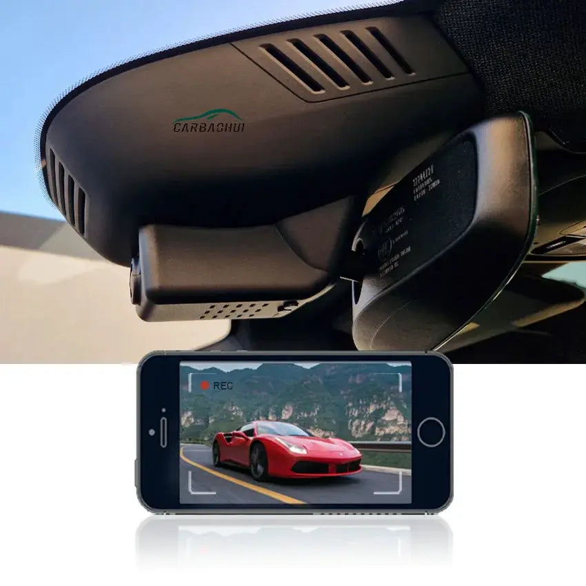 Dash cam CARBASHUI 4K WiFi, windshield-mounted; two-device setup with phone displaying footage