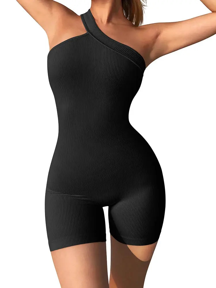 Simples Market women's one-shoulder ribbed yoga romper, black seamless tummy-control
