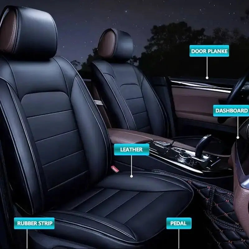 Car interior leather and plastic repair wax for leather/plastic/rubber care; black leather seats with brown door panels.