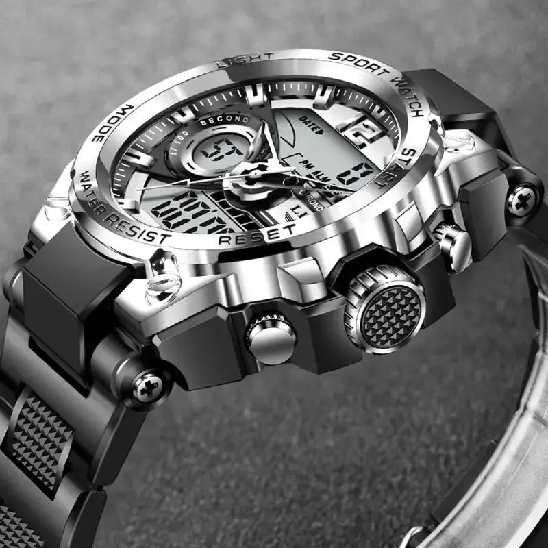 LIGE men military digital watch, black and silver metal sport wristwatch with LED display