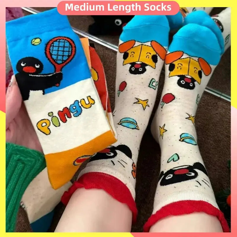 4 Pairs Pingu Medium Length Socks for Women Cartoon Style Breathable Soft Kawaii Girls Autumn Winter Fashion