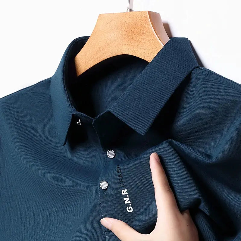Men's short sleeve polo shirt navy blue, breathable fabric, G.N.R FASHION branding