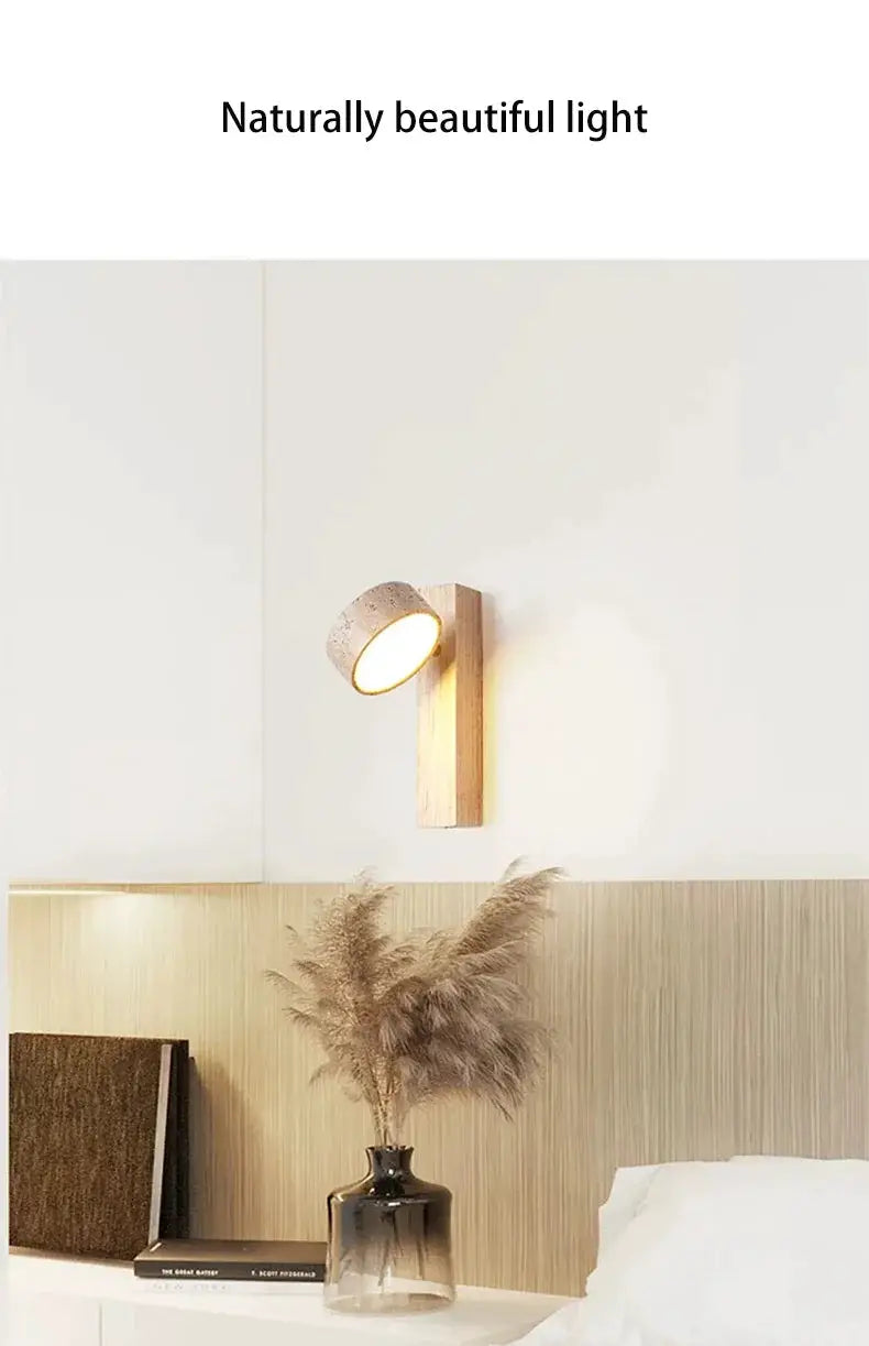 Bedside wall lamp with wooden backplate and stone shade; rotatable LED light with pull switch