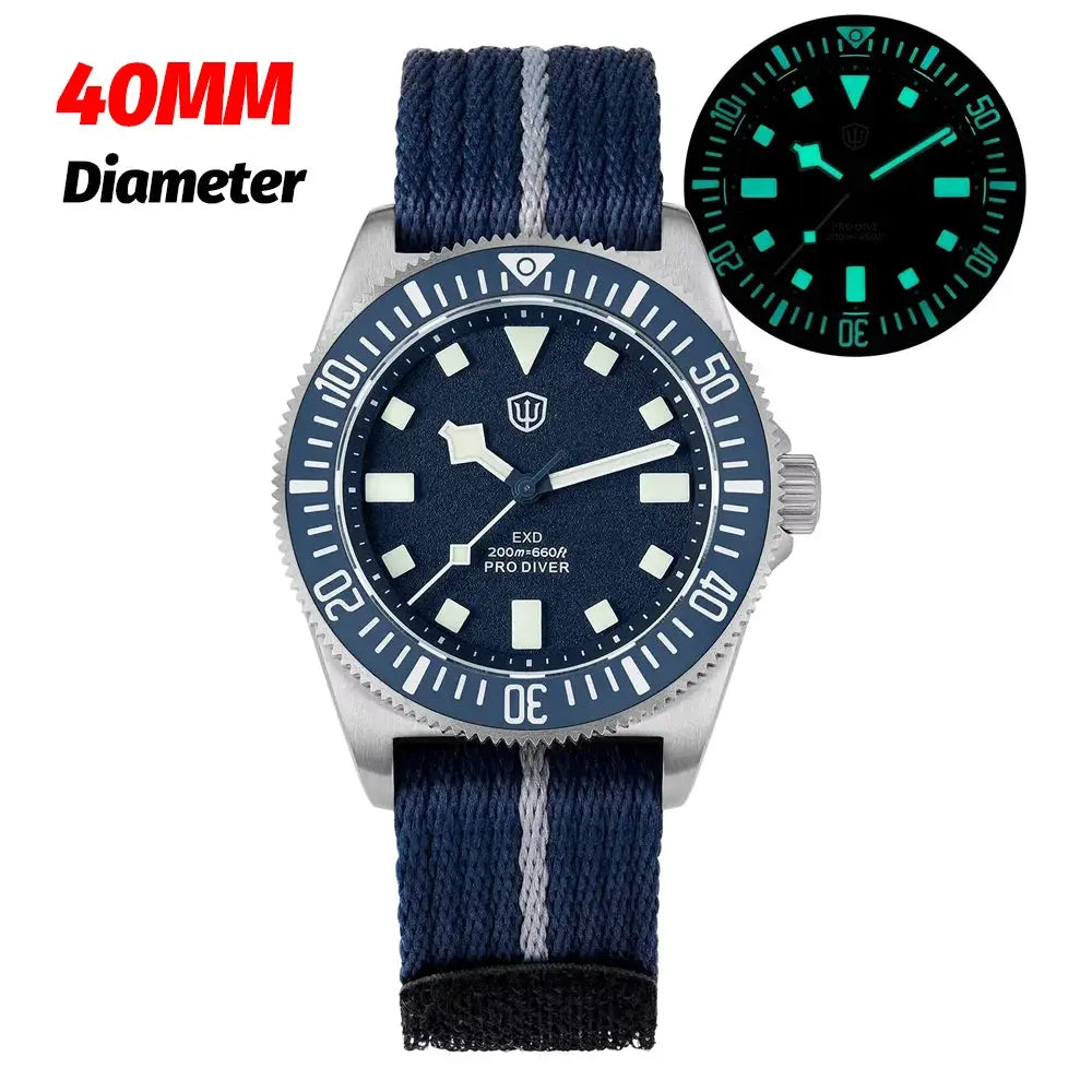 Watchdives EXD 40mm titanium dive watch with blue dial, blue bezel and navy fabric strap
