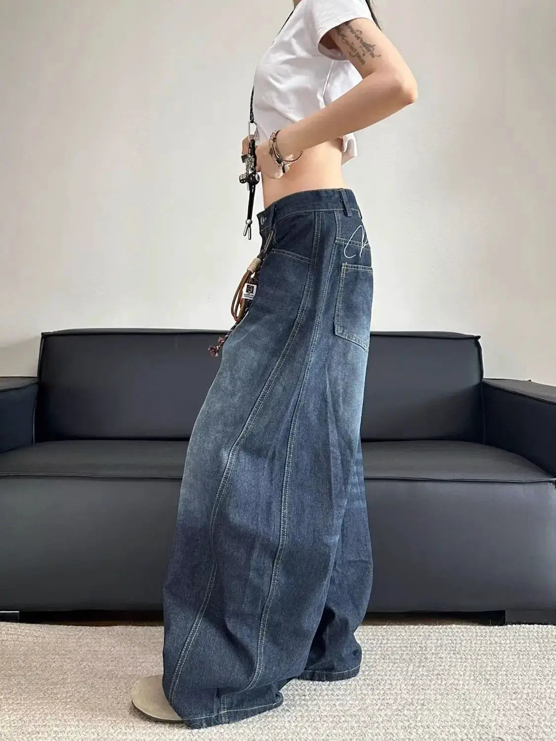 Embroidered Patchwork Denim Jeans for Women Washed Straight Loose Fit