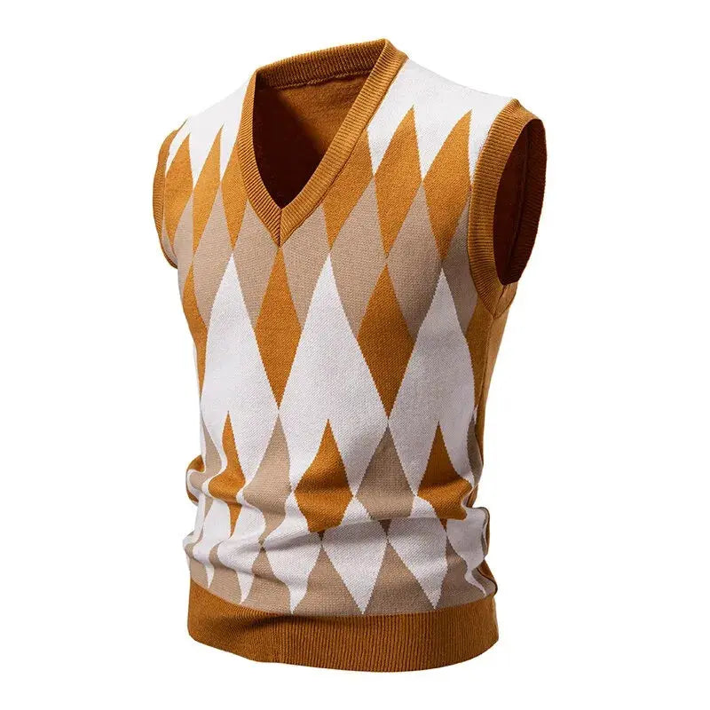 Men's argyle knitwear vest with V-neck, sleeveless, mustard, tan and white pattern