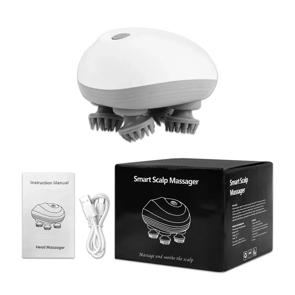 Electric scalp massager by Simples Market with 4 kneading heads; white massager with USB cable, manual, and box.