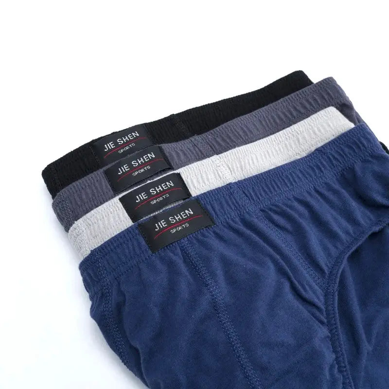 Men's briefs, 4-pcs pack, 100% cotton breathable, navy/gray/white/blue with Jie Shen waistband