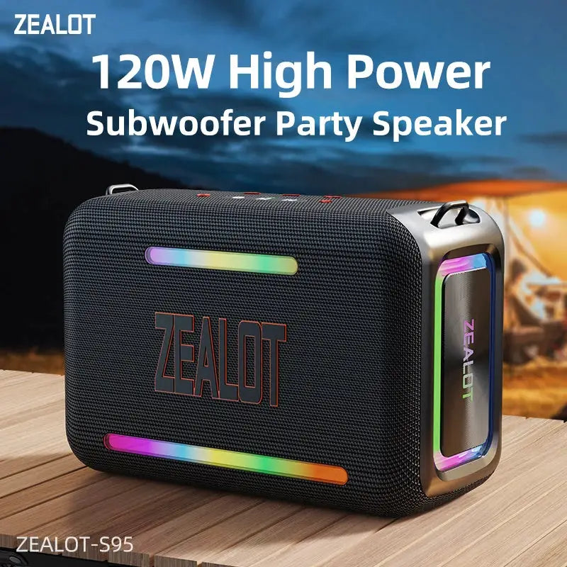 ZEALOT S95 waterproof portable Bluetooth speaker with 120W power and RGB LED accents