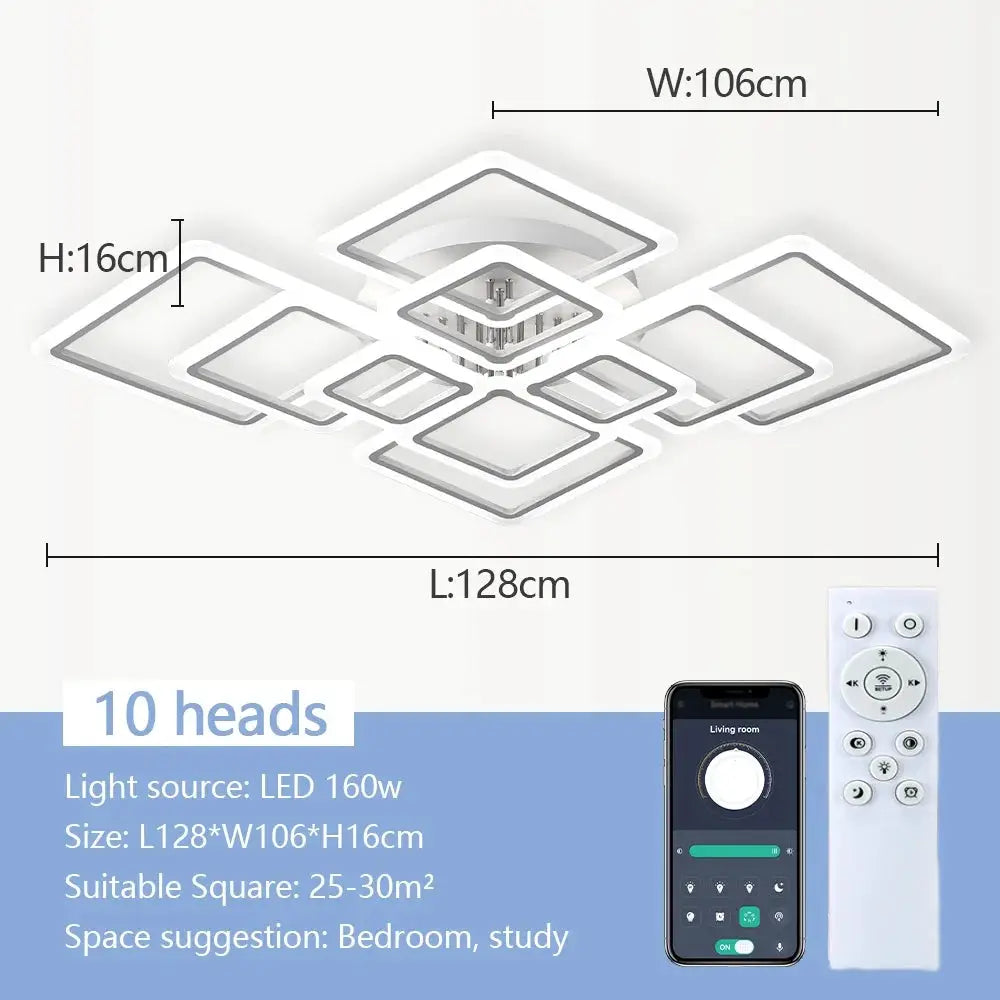 Simples Market Nordic square LED pendant light, 10-head ceiling chandelier, white frame, 128x106 cm