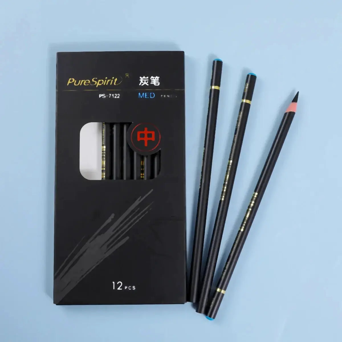 12-piece charcoal pencil set by Simples Market in a black box with blue-tipped pencils
