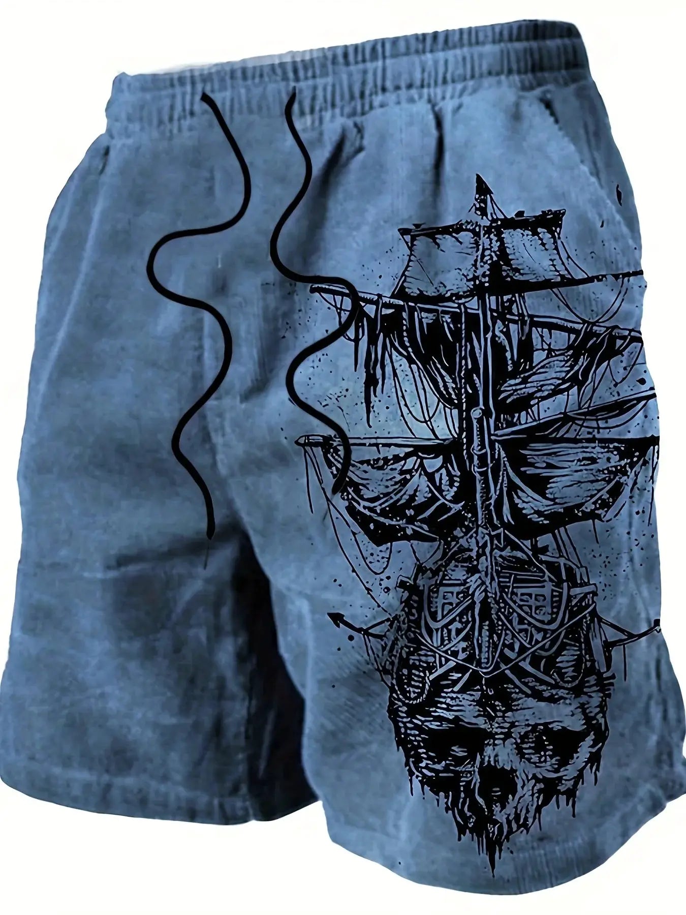 Men's quick-dry blue swim shorts with pirate ship print and drawstring waist