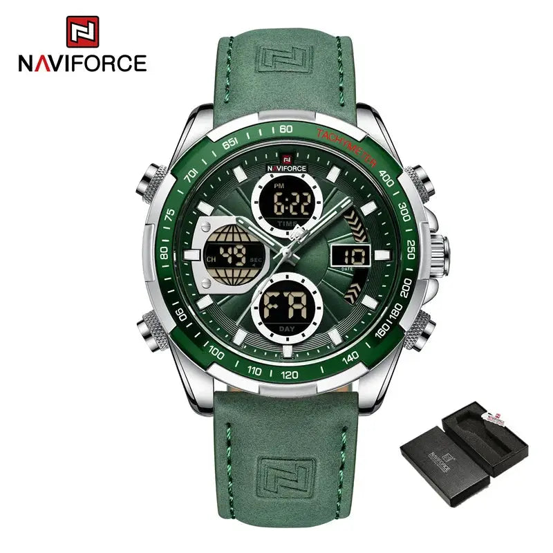 Naviforce men's chronograph watch with green dial, green leather strap, tachymeter bezel.