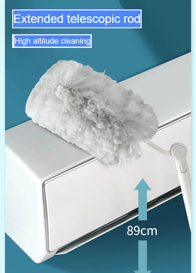 Extended telescopic dust collector with fluffy white disposable fiber cloth; high-altitude cleaning