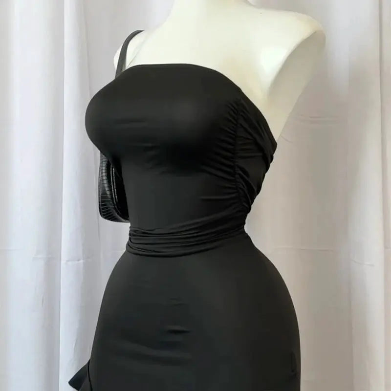 Women's Strapless Floral Mini Dress High Slit Folded Hem Backless