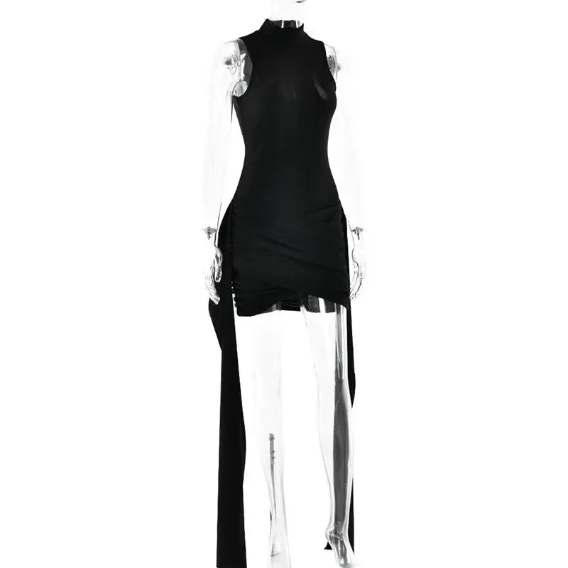 Turtleneck Sleeveless Mini Dress Women Ruched Irregular Club Party