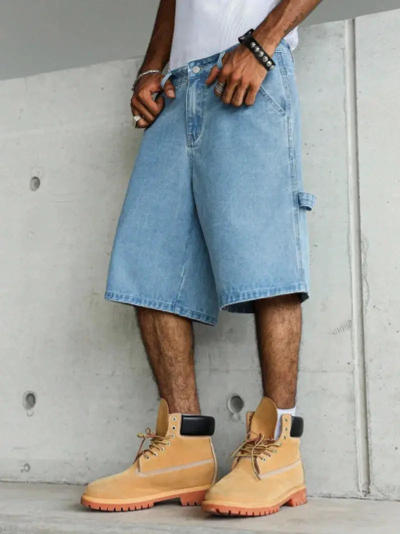 Men's light blue wide-leg denim shorts with cargo pocket