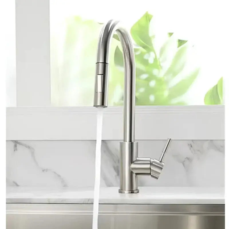 Kitchen faucet with flexible pull-out spray head, stainless steel SUS 304, deck-mounted.