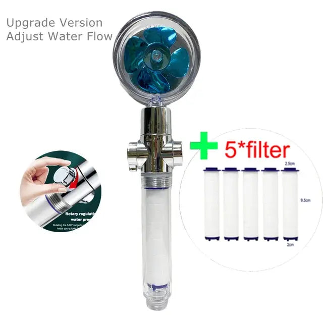 High-pressure handheld shower head by Simples Market with 5 filters, clear grip and blue turbine head