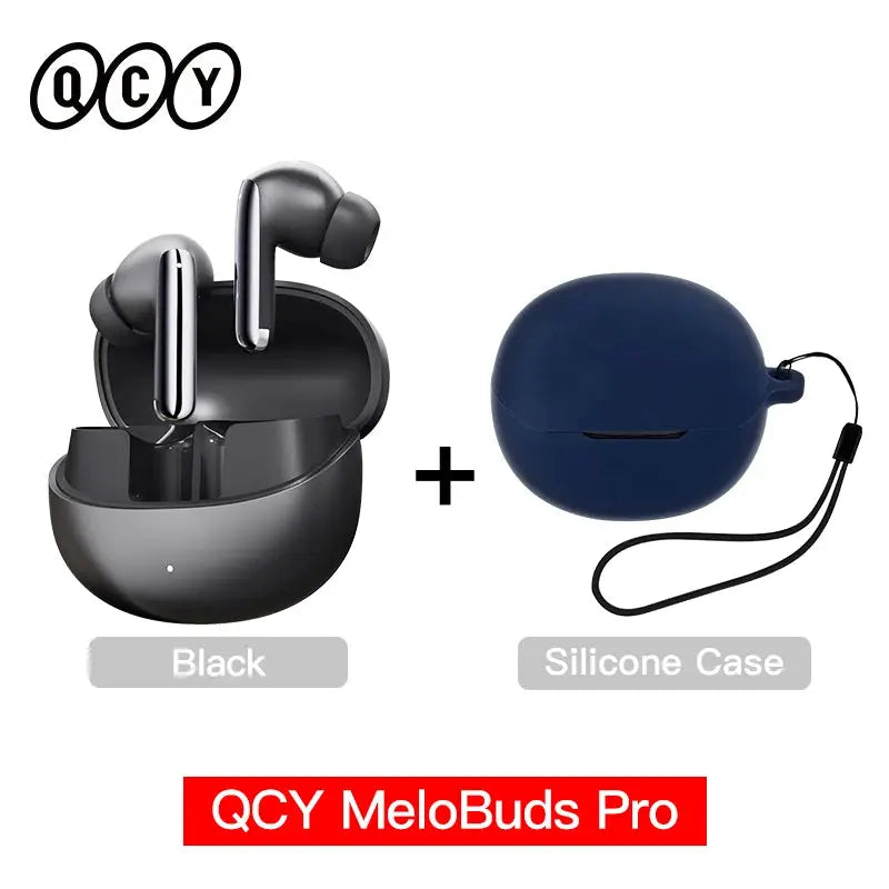 QCY MeloBuds Pro wireless earbuds with black charging case and blue silicone case