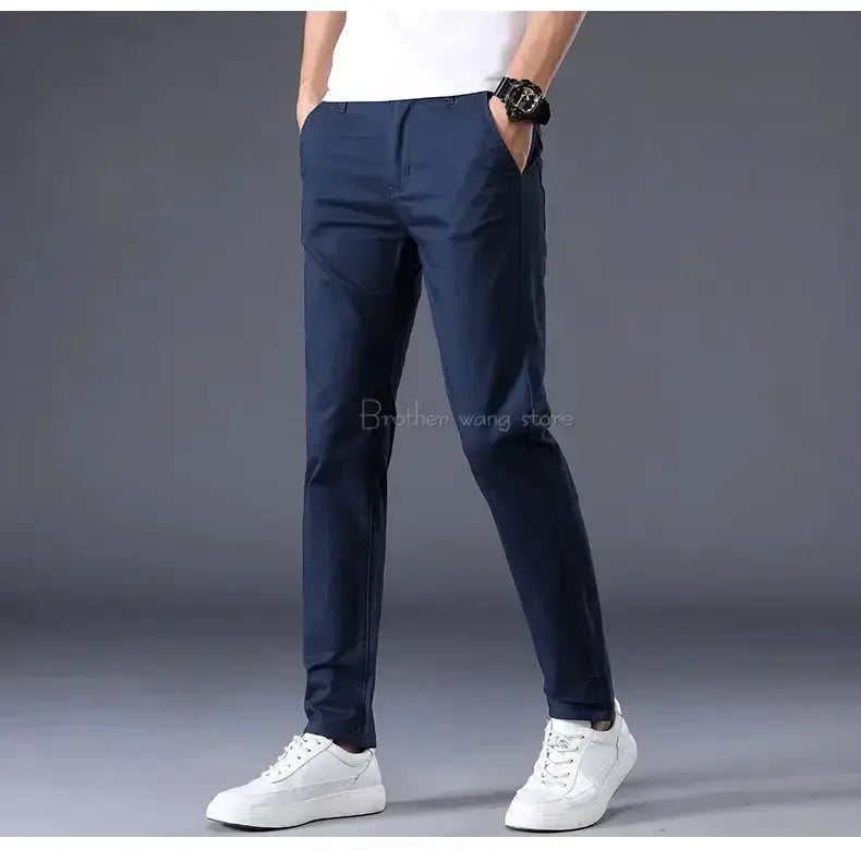 Summer thin men's casual pants with elastic waist, navy blue cotton, Simples Market.