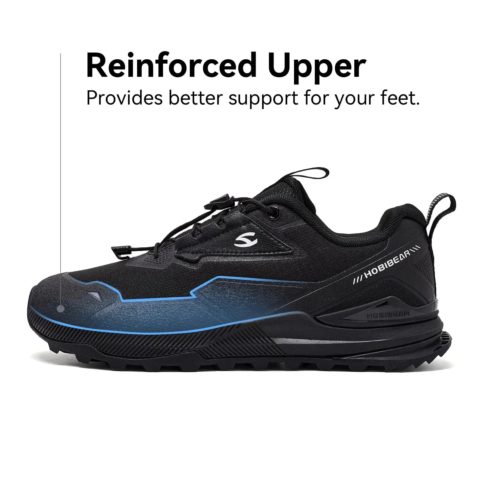 HOBIBEAR unisex running shoe, black upper with blue accents.