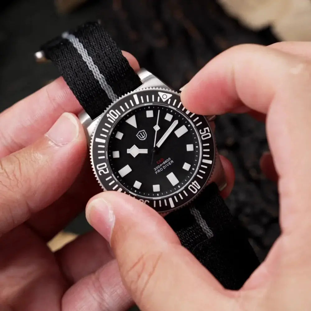 Watchdives EXD 40mm dive watch, black dial, stainless steel case, black nylon strap, luminous markers