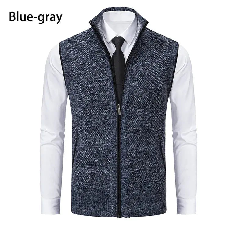 Simples Market men's blue-gray knitted sleeveless zip cardigan vest with stand collar