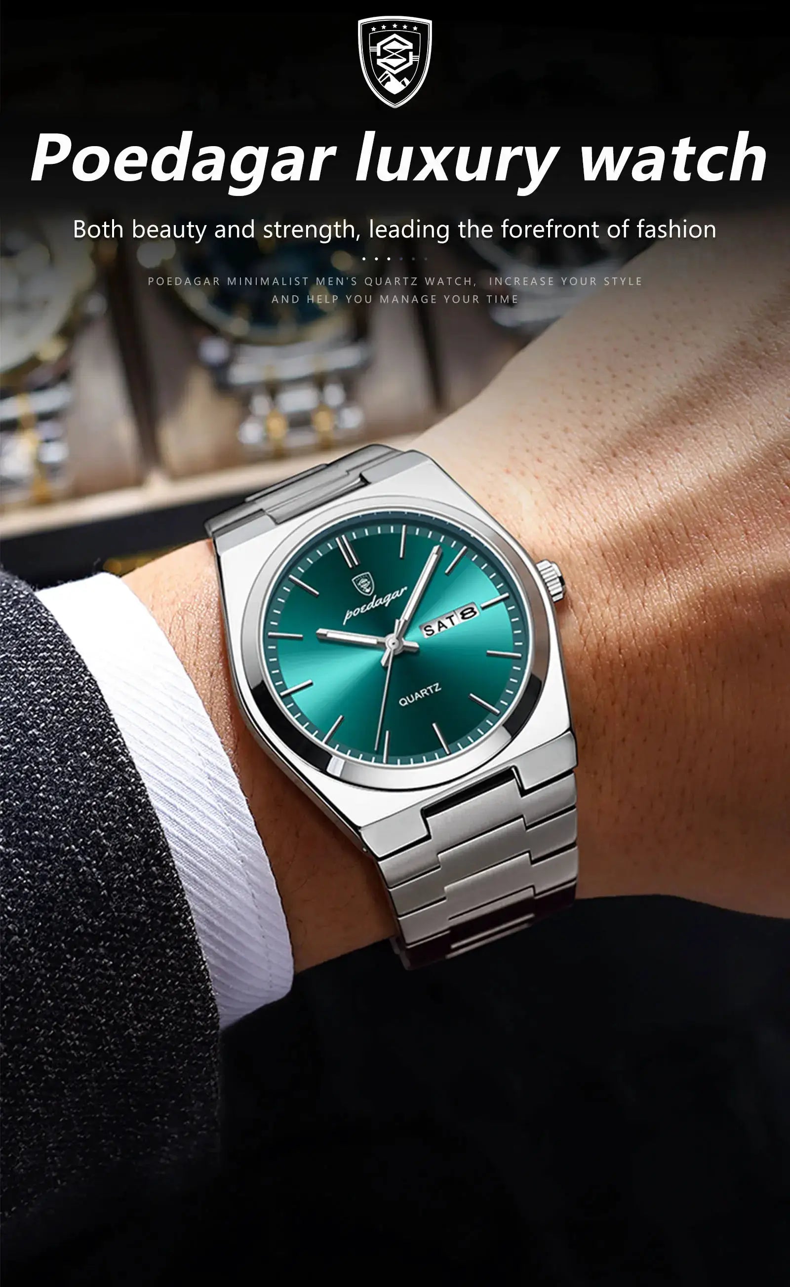 Poedagar luxury men's stainless steel quartz watch with teal dial and date window