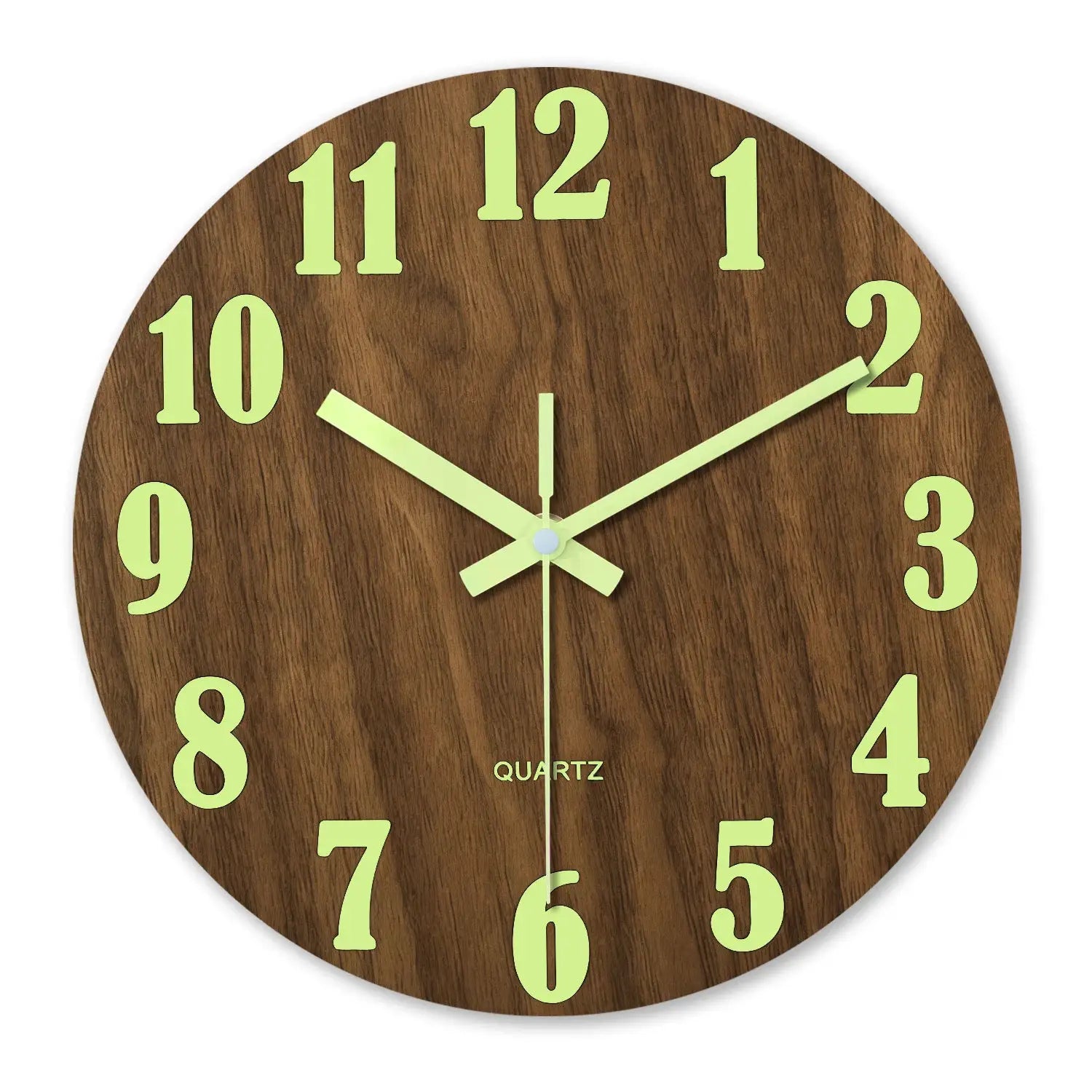 12-Inch wooden wall clock with lime-green luminous numerals and pale green hands
