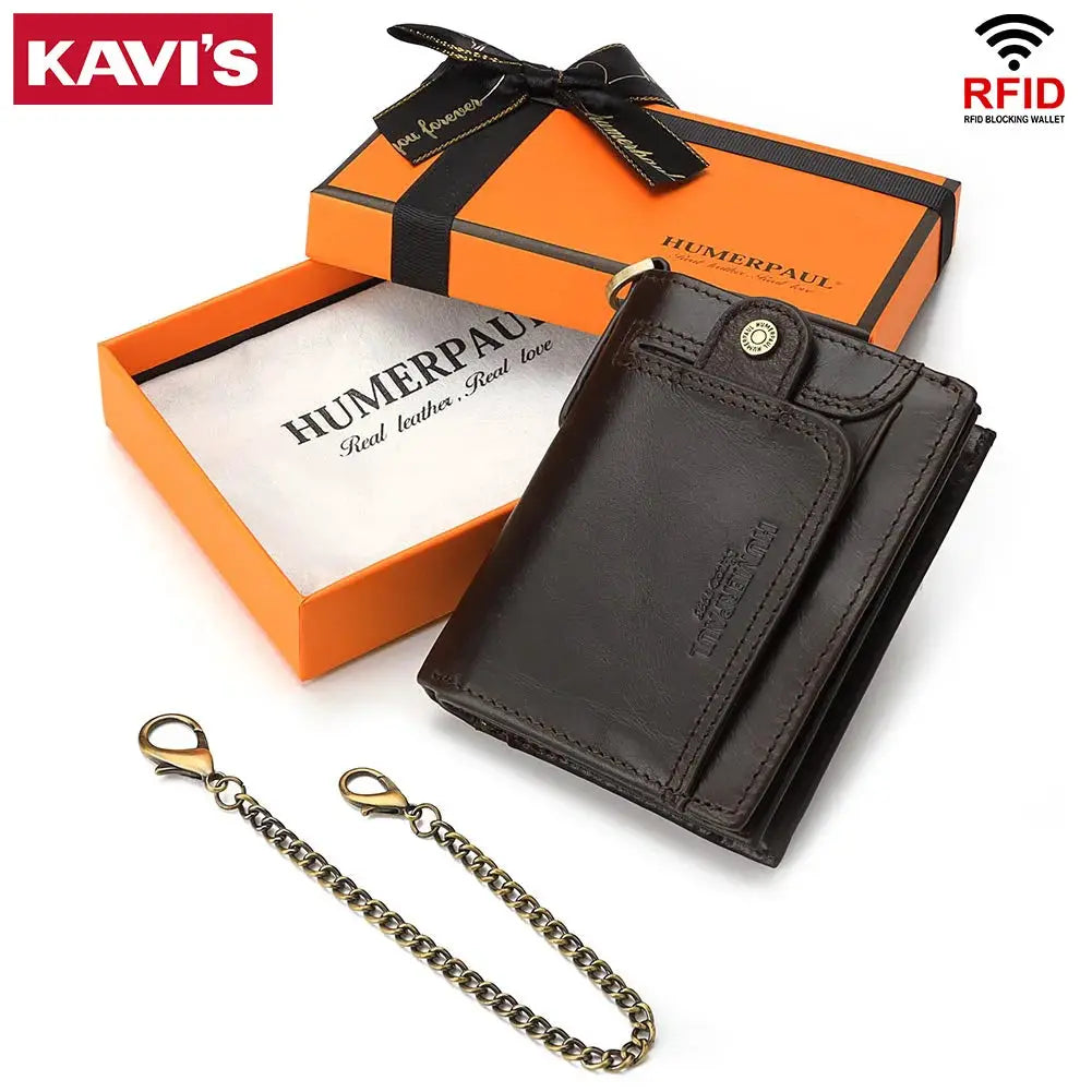 Men's real leather RFID-blocking wallet with short bifold, zip coin pocket, and anti-theft chain in dark brown.
