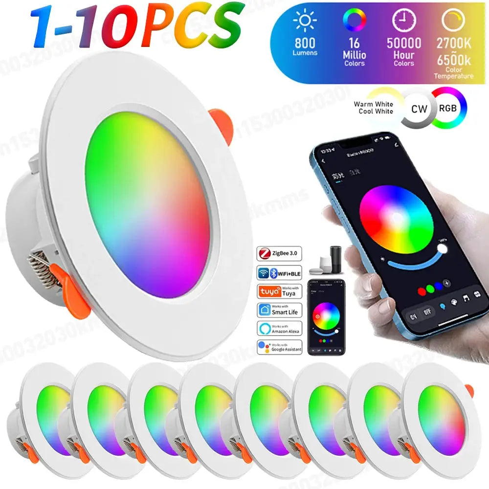 Simples Market 10-pack ceiling recessed LED downlights, RGB/CW, 10W, dimmable, Tuya app control