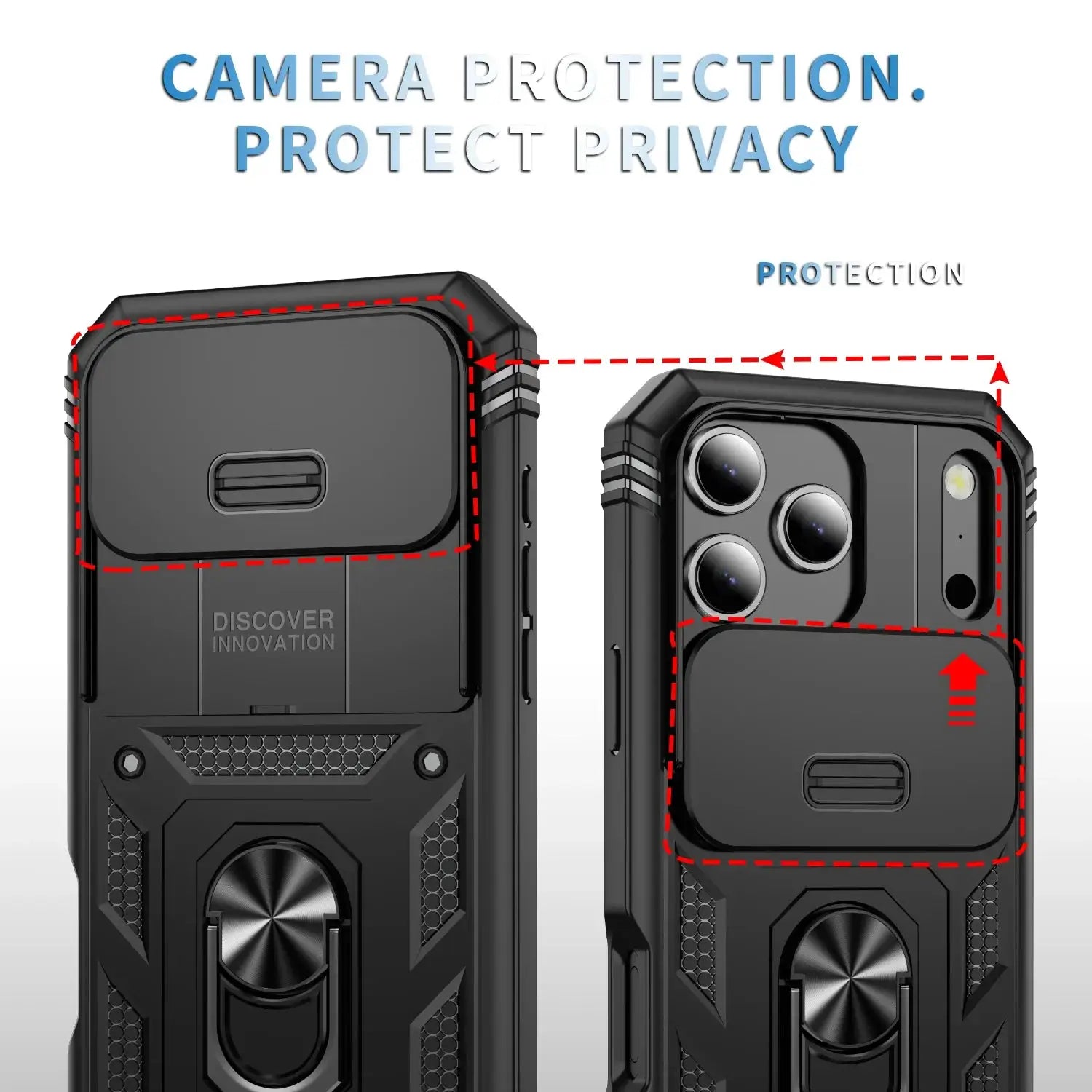 Simples Market heavy-duty slide-camera phone case for iPhone 12–17 series with built-in 360° rotating kickstand.