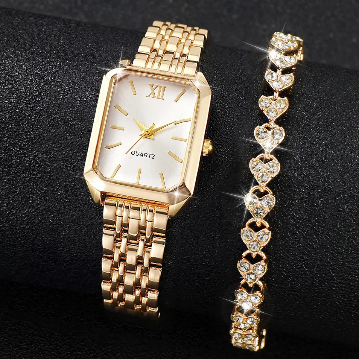 2-piece gold-tone rectangular quartz watch and rhinestone bracelet set for women, Simples Market