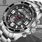 FOXBOX military-style men's watch with stainless steel band, black dial, analog-digital display