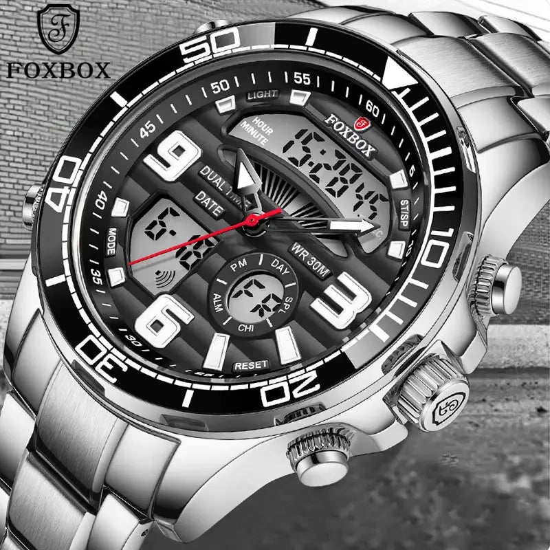 FOXBOX military-style men's watch with stainless steel band, black dial, analog-digital display