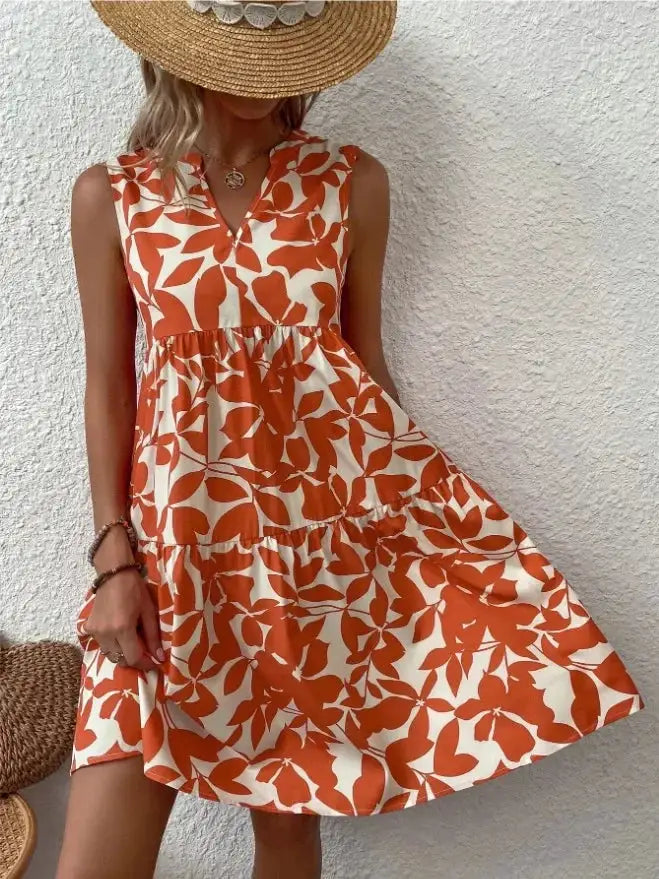 Women Boho Print Mini Dress Sleeveless V Neck Ruffle Beach Sundress